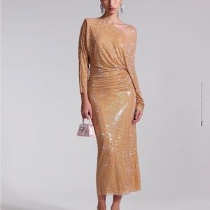 Self- portrait GOLD RHINESTONE MESH MIDI DRESS UK 12 (US 8)